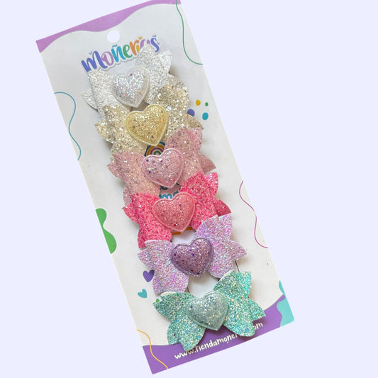 Set 6 Moños Corazón Glitter